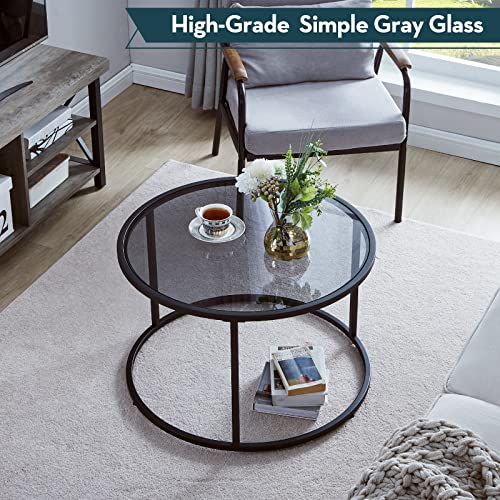 SAYGOER Round Coffee Table Glass Coffee Tables for Small Space Simple Modern Center Table for Living Room Home Office, Sofa Side Table with Metal Steel Frame, Easy Assembly, Gray Black