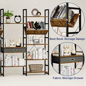 NUMENN Triple Wide 5 Tier Bookshelf, Adjustable Rustic Industrial Style Book Shelves, Modern Bookcases and Bookshelves Furniture for Bedroom, Living Room and Home Office, Vintage Brown