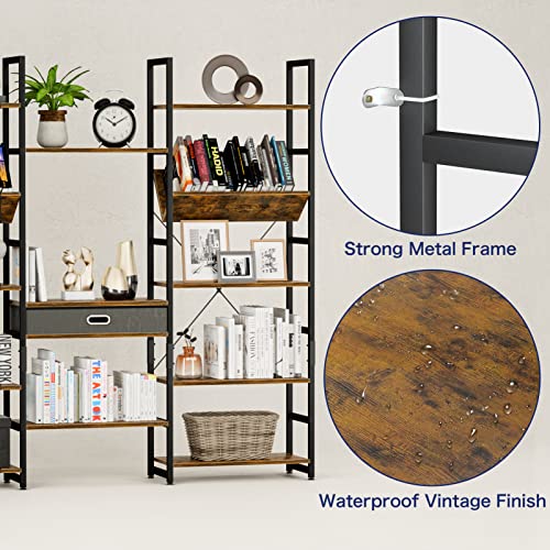 NUMENN Triple Wide 5 Tier Bookshelf, Adjustable Rustic Industrial Style Book Shelves, Modern Bookcases and Bookshelves Furniture for Bedroom, Living Room and Home Office, Vintage Brown