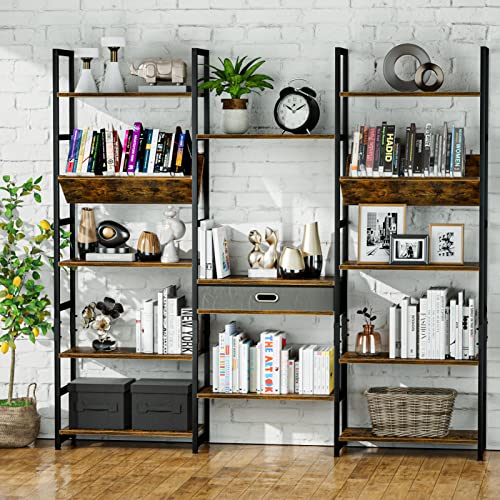 NUMENN Triple Wide 5 Tier Bookshelf, Adjustable Rustic Industrial Style Book Shelves, Modern Bookcases and Bookshelves Furniture for Bedroom, Living Room and Home Office, Vintage Brown