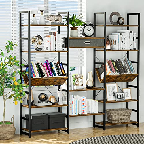 NUMENN Triple Wide 5 Tier Bookshelf, Adjustable Rustic Industrial Style Book Shelves, Modern Bookcases and Bookshelves Furniture for Bedroom, Living Room and Home Office, Vintage Brown