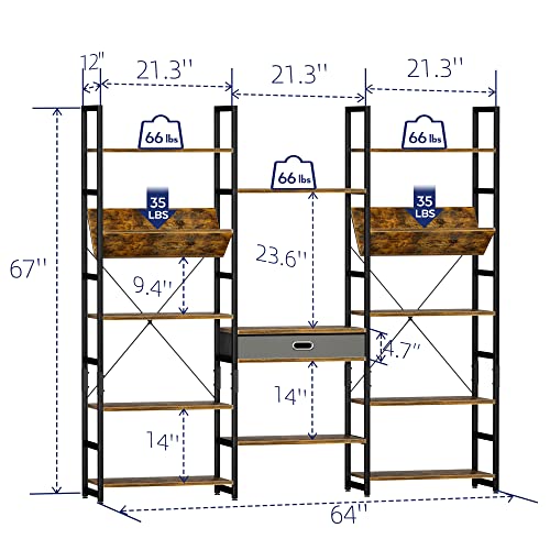 NUMENN Triple Wide 5 Tier Bookshelf, Adjustable Rustic Industrial Style Book Shelves, Modern Bookcases and Bookshelves Furniture for Bedroom, Living Room and Home Office, Vintage Brown