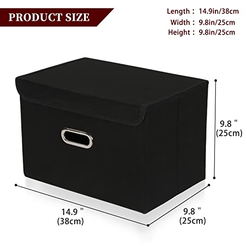 STOREONE Fabric Storage Cube Bins Foldable Organizer Container Collapsible Basket with Lids and Metal Handles, for Home, Bedroom, Closet (Black, 3 Pcs)