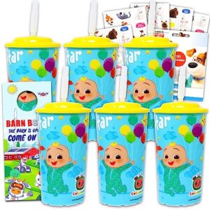 cocomelon 16 oz reusable cups - toddler party favor bundle with 6 cocomelon 16 oz cups with lids and straws plus puppies and kittens stickers (cocomelon party supplies), 7 piece set