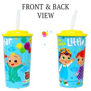 CoComelon 16 Oz Reusable Cups - Toddler Party Favor Bundle with 6 CoComelon 16 Oz Cups with Lids and Straws Plus Puppies and Kittens Stickers (CoComelon Party Supplies), 7 Piece Set