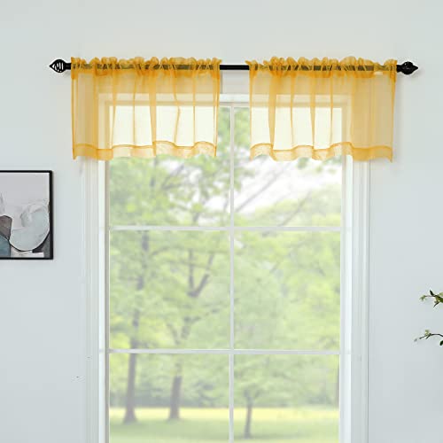 Gold Yellow Valances for Windows - Light Filtering Semi Sheer Valances for Living Room/Bedroom/Kitchen/Bathroom/Cafe - Transparent Window Valance Curtains with Rod Pocket 2 Panels 52 by 18 Inches Long