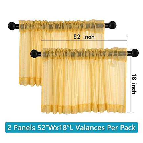 Gold Yellow Valances for Windows - Light Filtering Semi Sheer Valances for Living Room/Bedroom/Kitchen/Bathroom/Cafe - Transparent Window Valance Curtains with Rod Pocket 2 Panels 52 by 18 Inches Long