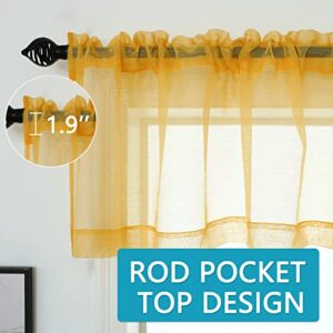 Gold Yellow Valances for Windows - Light Filtering Semi Sheer Valances for Living Room/Bedroom/Kitchen/Bathroom/Cafe - Transparent Window Valance Curtains with Rod Pocket 2 Panels 52 by 18 Inches Long