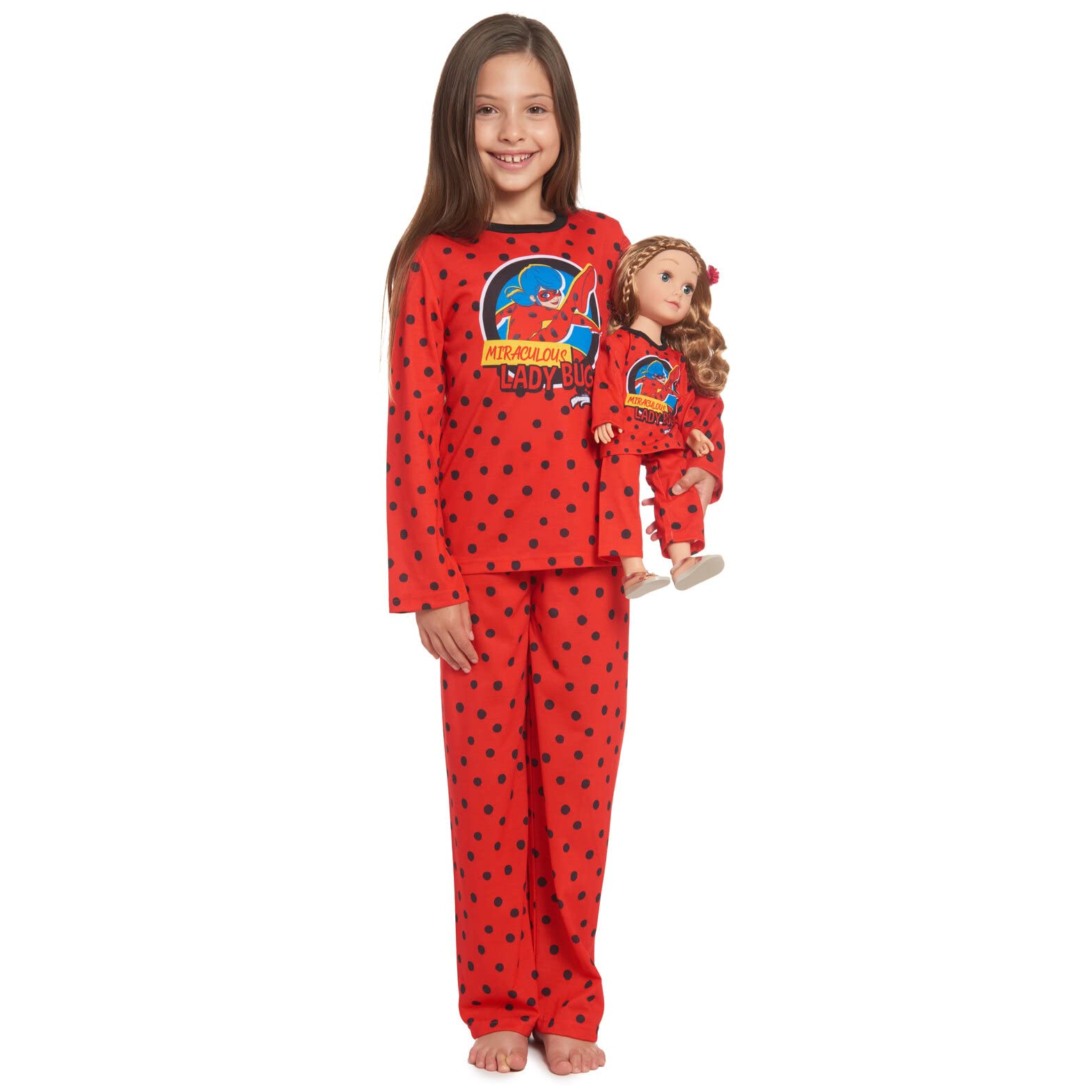 Miraculous Ladybug Little Girls 4 Piece Pajama Shirt And Pants Matching Doll Outfit 14-16 Red