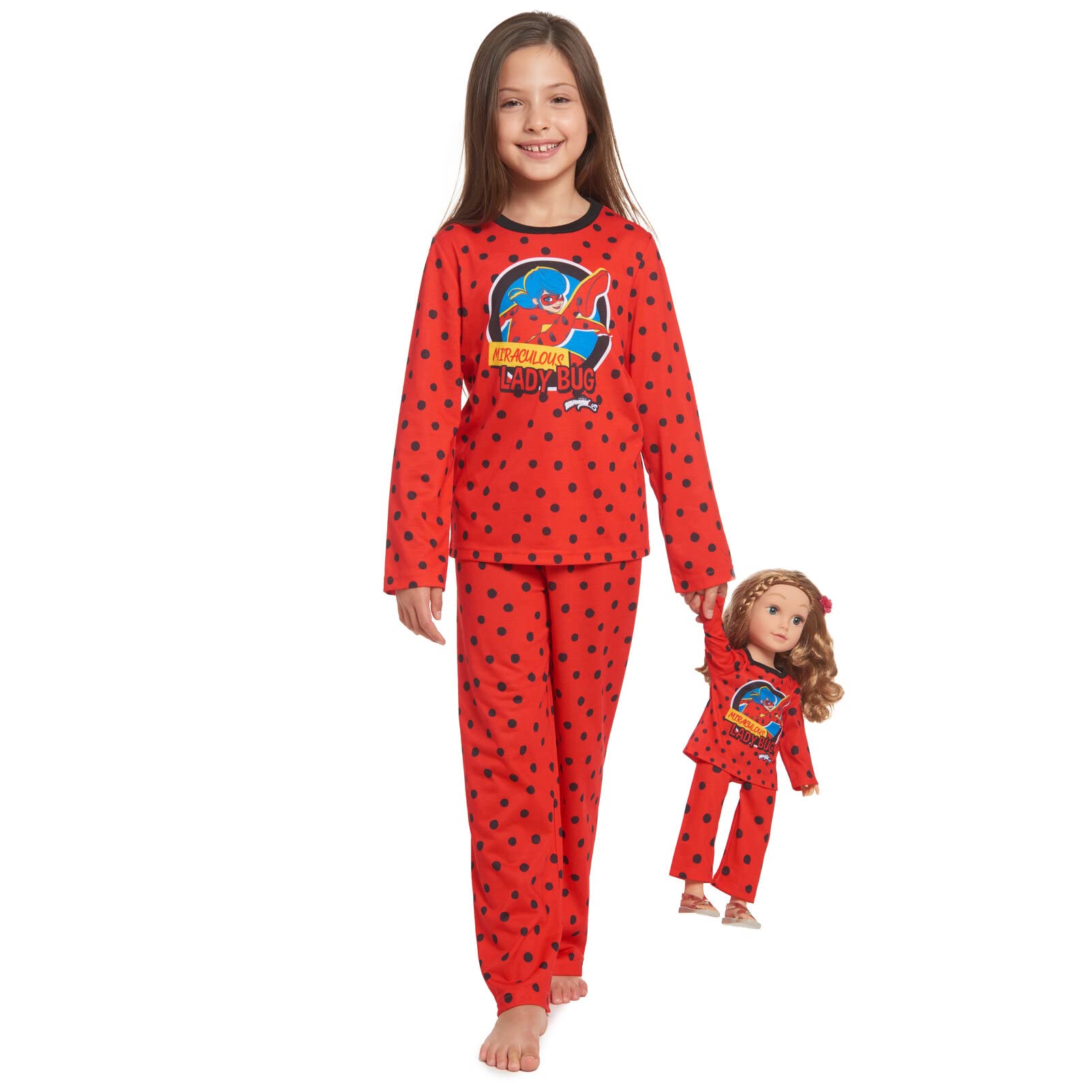 Miraculous Ladybug Little Girls 4 Piece Pajama Shirt And Pants Matching Doll Outfit 14-16 Red