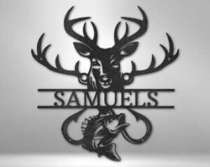 by unbranded personalized deer, bass, outdoorsman scene metal sign, family name sign, housewarming gift, personalized metal wall art, 18 inch