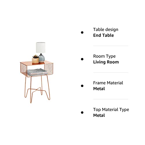 mDesign Steel Side Table Nightstand with Storage Shelf Basket for Bedroom, Living Room, Home Office; Rustic Bedside End Table, Industrial Modern Accent Furniture - Concerto Collection - Rose Gold