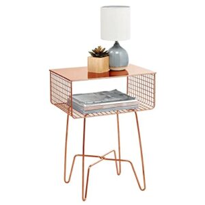 mdesign steel side table nightstand with storage shelf basket for bedroom, living room, home office; rustic bedside end table, industrial modern accent furniture - concerto collection - rose gold