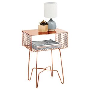 mDesign Steel Side Table Nightstand with Storage Shelf Basket for Bedroom, Living Room, Home Office; Rustic Bedside End Table, Industrial Modern Accent Furniture - Concerto Collection - Rose Gold