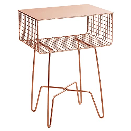 mDesign Steel Side Table Nightstand with Storage Shelf Basket for Bedroom, Living Room, Home Office; Rustic Bedside End Table, Industrial Modern Accent Furniture - Concerto Collection - Rose Gold