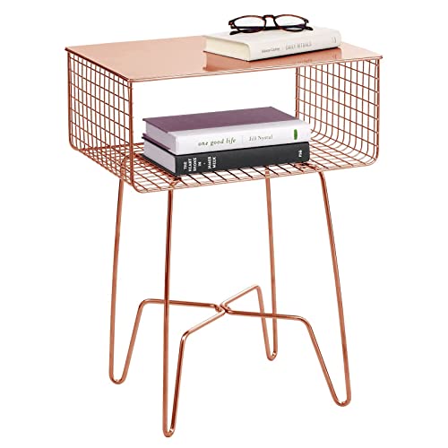 mDesign Steel Side Table Nightstand with Storage Shelf Basket for Bedroom, Living Room, Home Office; Rustic Bedside End Table, Industrial Modern Accent Furniture - Concerto Collection - Rose Gold