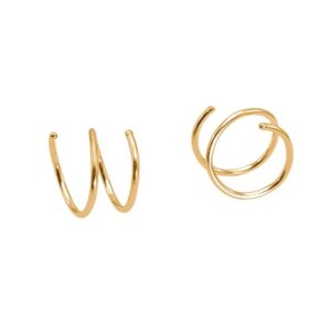 gold double hoop twist earrings for single piercing. tiny spiral huggie hoop illusion earrings for women.