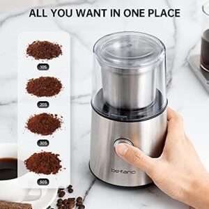 Befano Coffee Bean Grinder Electric, 2.8oz Large Capacity Spice and Nut Grinder, Espresso Grinder with Removable Cups and Stainless Steel blade, Easy to Clean,180W High Power - Brushed Silver