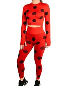 miraculous ladybug womens seamless long sleeve crop top & legging set - butt lifting for gym workout, exercise, yoga, running by maxxim red medium