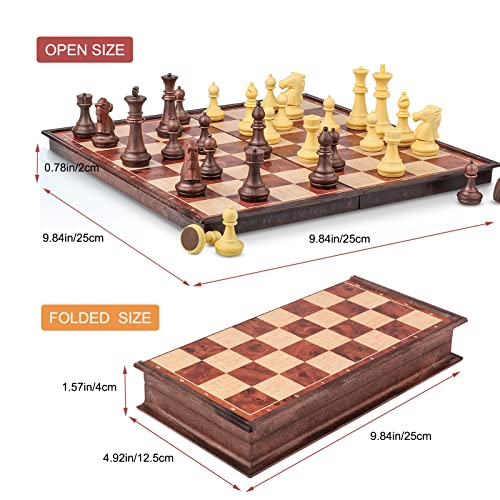 SIMPLEWIN Magnetic Chess Set, Walnut Color Folding Board Game Set with Well-Crafted Pieces, Suitable for Kids Adults, Suitable for Gifts (M(9.84x9.84in))