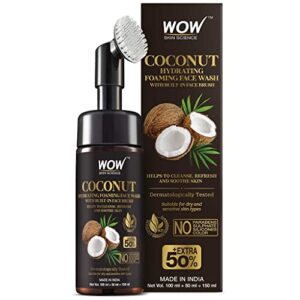 wow skin science coconut hydrating foaming face wash cleaner with brush- free from parabens, silicones, mineral oil & synthetic fragrance - 150ml