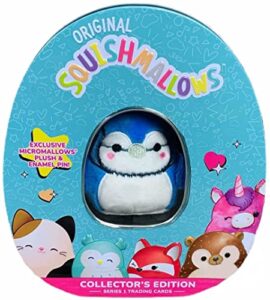 squishmallows official kellytoy collector's tin set with micromallow exclusive pin and trading cads choose your favorite or collect them all (babs the blue jay)
