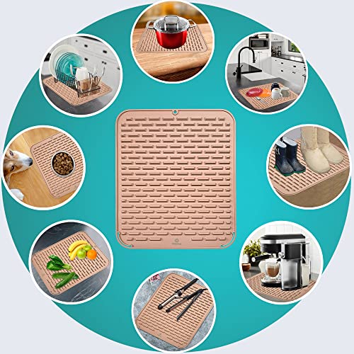 STARCONE Silicone Dish Drying Mat- Large Pastel Soft Brown/Tan 18"x16" 8mm High Ridges Mat Food Grade Safe Eco-Friendly Heat Resistant Non-Slip Fastest Drying Mat for Bathroom Kitchen Countertop