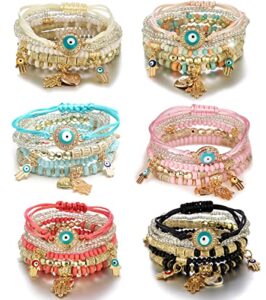 milacolato bohemian bead bracelets set, multilayer evil eye stackable bracelets, comfort-fit stretch bracelets for women girls, 6 sets