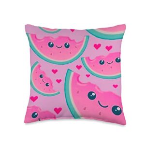cute kawaii watermelon faces aesthetic fruit pink cartoons throw pillow, 16x16, multicolor