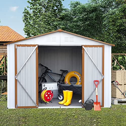 WIILAYOK 8' x 6' Outdoor Storage Shed, Steel Metal Shed with Floor Frame ＆Lockable Double Doors ＆3 Garage Hooks, Tool Storage Shed for Yard, Perfect to Store Garden Tools Bike Accessories