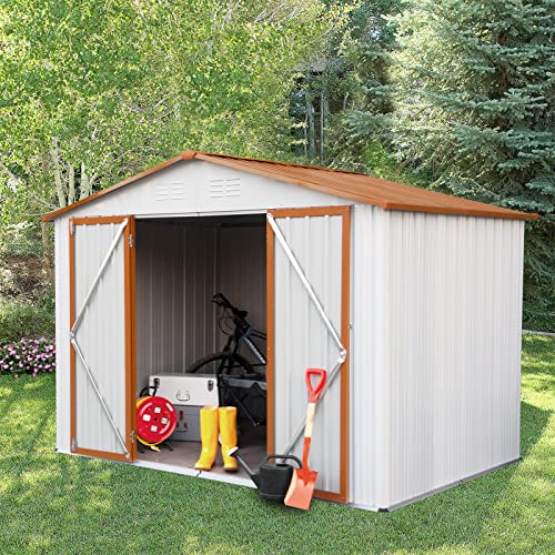 WIILAYOK 8' x 6' Outdoor Storage Shed, Steel Metal Shed with Floor Frame ＆Lockable Double Doors ＆3 Garage Hooks, Tool Storage Shed for Yard, Perfect to Store Garden Tools Bike Accessories