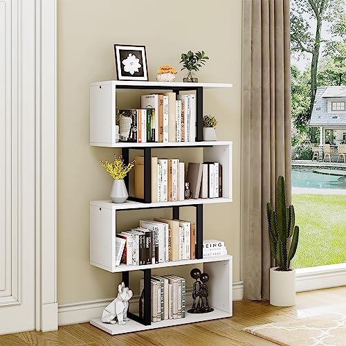 YITAHOME 5-Tier Bookshelf, S-Shaped Z-Shelf Bookshelves and Bookcase, Modern Freestanding Multifunctional Decorative Storage Shelving for Living Room Home Office, Cream White