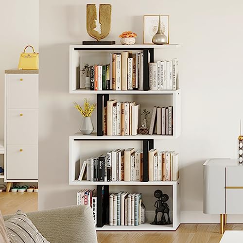 YITAHOME 5-Tier Bookshelf, S-Shaped Z-Shelf Bookshelves and Bookcase, Modern Freestanding Multifunctional Decorative Storage Shelving for Living Room Home Office, Cream White