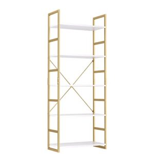 finetones 5 Tier Bookshelf, Industrial Gold Bookcase with Metal Frame, Modern Display Shelves Plant Flower Stand Rack for Bedroom Living Room Home Office, White and Gold