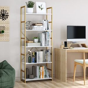 finetones 5 Tier Bookshelf, Industrial Gold Bookcase with Metal Frame, Modern Display Shelves Plant Flower Stand Rack for Bedroom Living Room Home Office, White and Gold