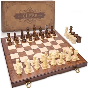 amerous wooden chess & checkers set with upgraded weighted chess pieces, 15 inches (2 in 1) chess board games for kids, adults w/ 2 extra queens / 24 cherkers pieces/gift package