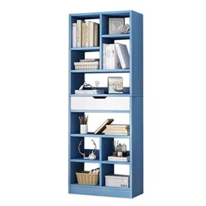 iotxy wooden open shelf bookcase - 71 inches tall freestanding display storage cabinet organizer with 10 cubes and a drawer, floor standing bookshelf in bright blue