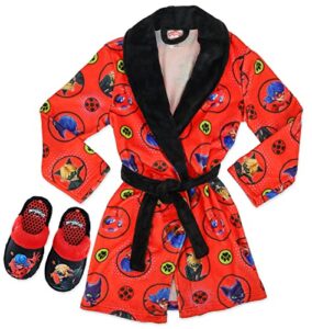 miraculous ladybug pajamas for girls robe and slipper set matching cozeez house shoes, red/black, size 6/6x