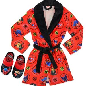 Miraculous Ladybug Pajamas for Girls Robe and Slipper Set Matching Cozeez House Shoes, Red/Black, Size 6/6X