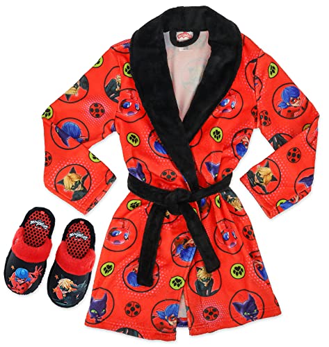 Miraculous Ladybug Pajamas for Girls Robe and Slipper Set Matching Cozeez House Shoes, Red/Black, Size 6/6X