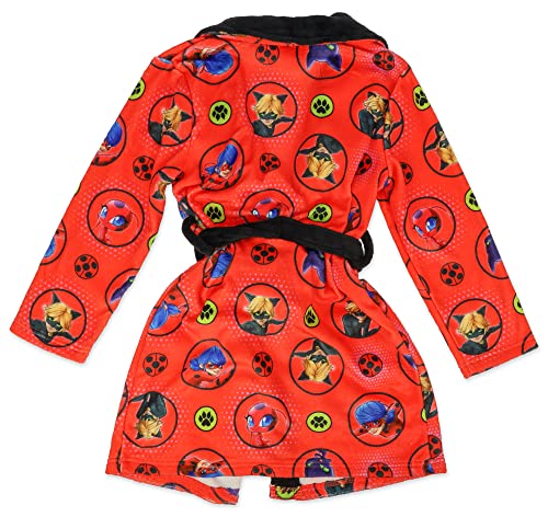 Miraculous Ladybug Pajamas for Girls Robe and Slipper Set Matching Cozeez House Shoes, Red/Black, Size 6/6X