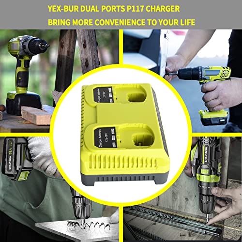 YEX-BUR 2 Ports P117 Dual Chemistry 18V ONE+ Battery Charger for Ryobi Fast Charger P117 P118 Compatible with Ryobi 18V 14.4V 12V Lithium NiCd NiMh Battery P100 P101 P102 P103 P105 P107 P108