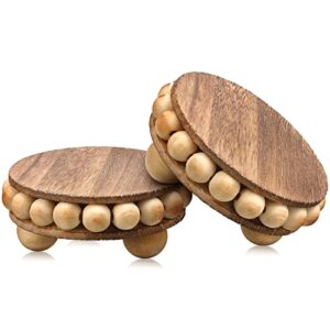 2 pcs wooden risers for displays round wood riser distressed wood risers farmhouse pedestal display stand rustic pedestal stand decor beaded display risers for tiered trays home (brown, 3.94 inch)