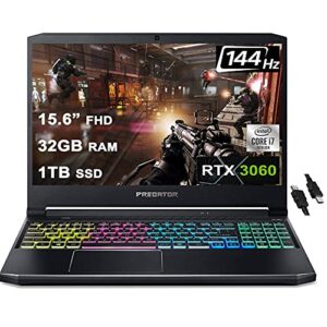 acer flagship predator helios 300 gaming laptop 15.6” fhd ips 144hz 10th gen intel 6-core i7-10750h 32gb ram 1tb ssd geforce rtx 3060 6gb backlit usb-c win10 black + hdmi cable (renewed)