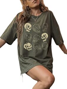 wdirara women's skull print half sleeve drop shoulder oversized tee casual t shirts army green l
