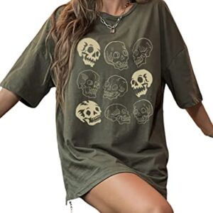 WDIRARA Women's Skull Print Half Sleeve Drop Shoulder Oversized Tee Casual T Shirts Army Green L