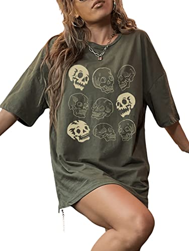 WDIRARA Women's Skull Print Half Sleeve Drop Shoulder Oversized Tee Casual T Shirts Army Green L