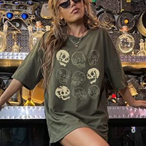 WDIRARA Women's Skull Print Half Sleeve Drop Shoulder Oversized Tee Casual T Shirts Army Green L