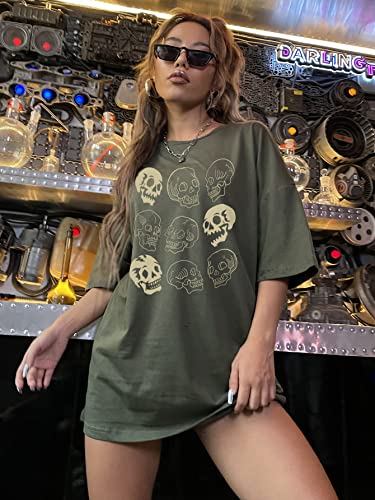 WDIRARA Women's Skull Print Half Sleeve Drop Shoulder Oversized Tee Casual T Shirts Army Green L