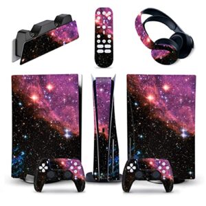 censteel ps5 skin for playstation 5 disc version, sticker for ps5 vinyl decal cover for playstation 5 controller & charging station & headset & media remote - purple starry sky